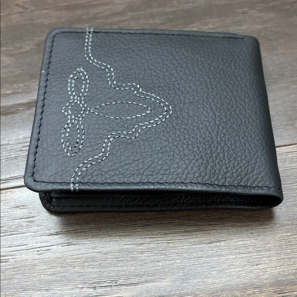 American Bison Bi-fold wallet/ID/Bill/6 card slots brown leather, tan embroidery